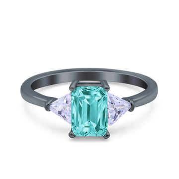 Emerald Cut Art Deco Engagement Ring Black Tone, Simulated Paraiba Tourmaline CZ 925 Sterling Silver